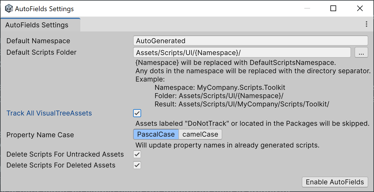 AutoFields Settings window